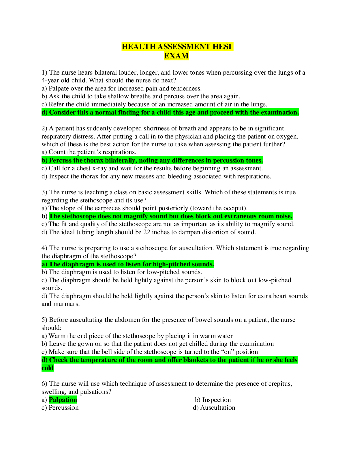 Preview of MED SURG NUR 1211 HEALTH ASSESSMENT HESI EXAM - Latest Version, Complete Solutions